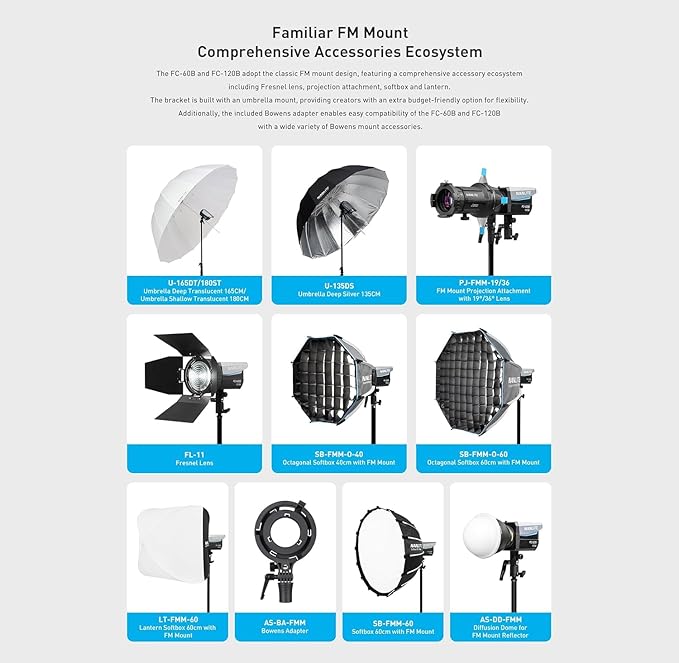 Nanlite FC-120B Bi-Color LED Spotlight | Compact 120W Studio Light with AC/Battery Power, Bowens Mount, App & DMX Control