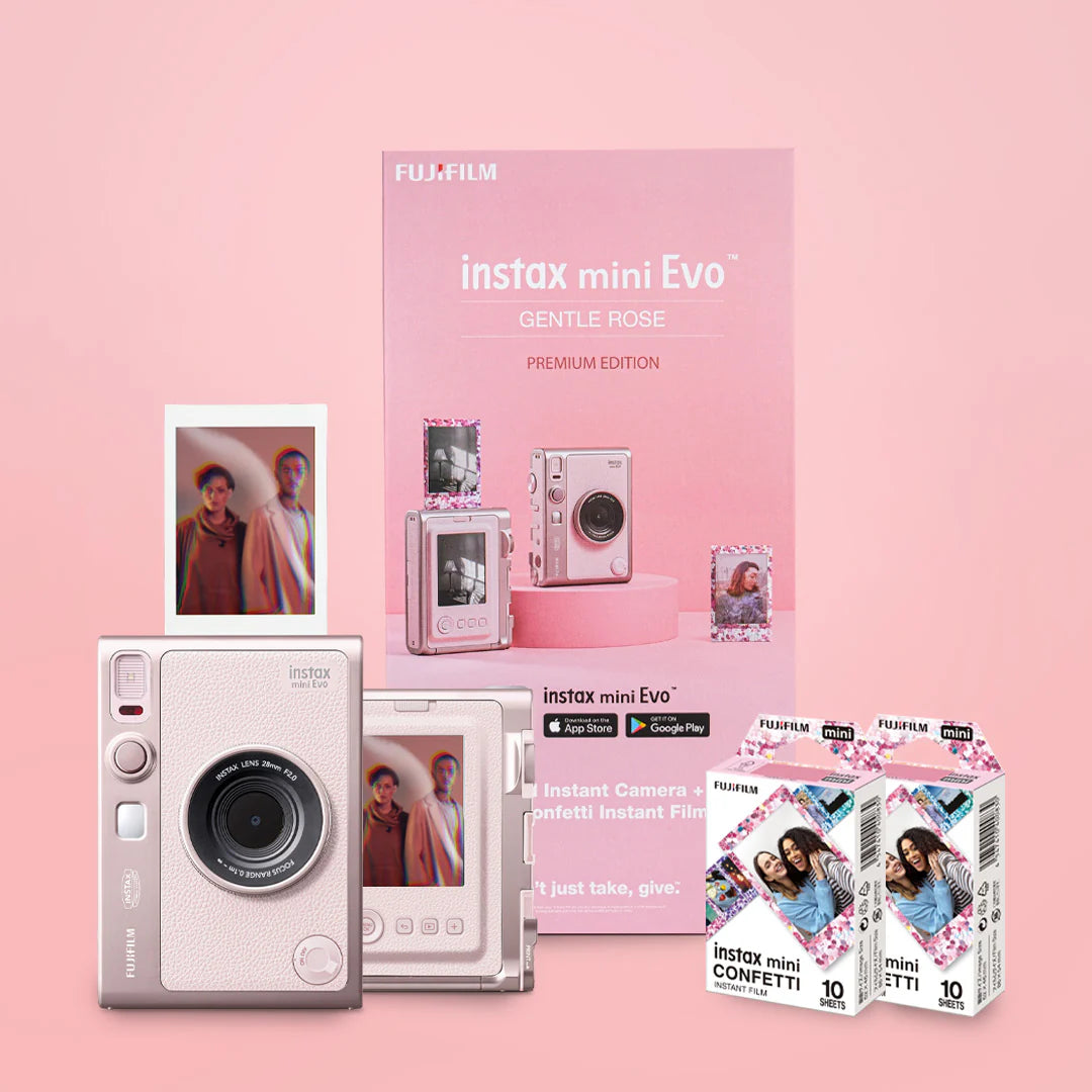 Fujifilm Instax Mini Evo Hybrid Camera Premium Edition with 20 Shots of mini Film Confetti - (Gentle Rose)