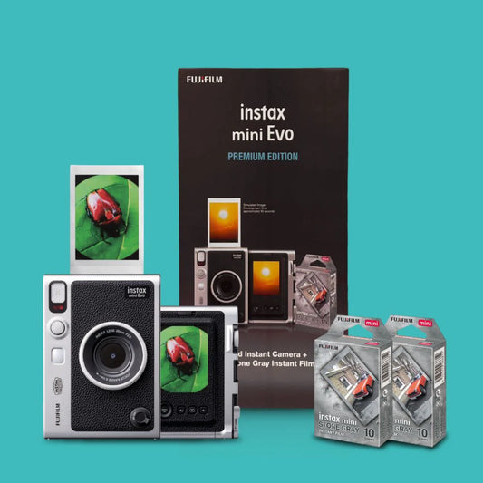 Fujifilm Instax Mini Evo Hybrid Camera Premium Edition with 20 Shots of Stone Gray Film and 100 Different Expressions-(Black)