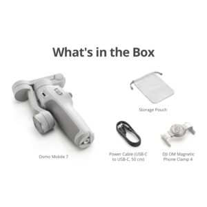 DJI Osmo Mobile 7 Gimbal Stabilizer for iPhone, Android, Built-in Tripod, Ultra-Light, 3-Axis Phone Gimbal,Activetrack 7.0,One-Tap Edit,Phone Charging Vlogging Stabilizer YouTube Video, White