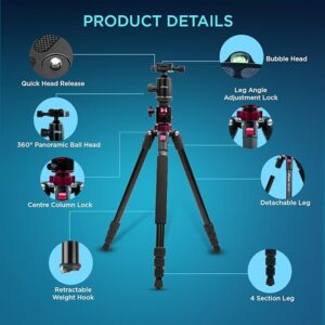 HIFFIN® HF-550 Professional Aluminum Tripod & Monopod with 165CM Max Height | Swivel Ball Head, 4-Section Adjustment, 7kg Load Support | Perfect for DSLR & Video Camcorders