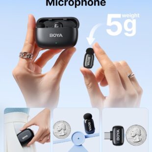 BOYA Mini Wireless Microphone for Phone with USB C Plug, Clip On Lavalier Mic for iPhone, Android & PC Noise Reduction, AI Voice Changer, 30H Battery & Charging Case.