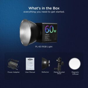 HIFFIN PL-60 Portable RGB Video Light with 60W Power, 2500K-6500K Adjustable Color Temperature, 26800mAh Rechargeable Battery, 24 Light Effects, CRI 95+ Dimmable Lighting for Photography