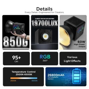HIFFIN PL-60 Portable RGB Video Light with 60W Power, 2500K-6500K Adjustable Color Temperature, 26800mAh Rechargeable Battery, 24 Light Effects, CRI 95+ Dimmable Lighting for Photography