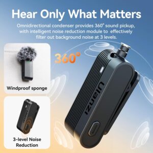 ULANZI A100 Wireless Lavalier Microphone Lapel Mic for Camera and Phone w USB C/3.5mm/Plug, 32KHz 16Bit, Noise Cancellation, 13.5-Hour Battery, Clip on Microphone for Video Podcast Vlog YouTube