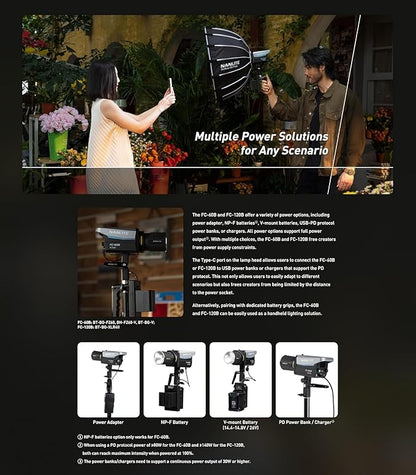 Nanlite FC-120B Bi-Color LED Spotlight | Compact 120W Studio Light with AC/Battery Power, Bowens Mount, App & DMX Control