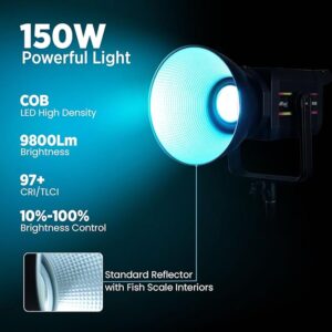 HIFFIN COB-150P Professional 150W RGB LED Video Light | 2800K-6800K Dimmable | 11 FX Modes | 9800Lm Brightness | Remote Control | 220V Power Supply | Studio & Lighting for Photography & Videography