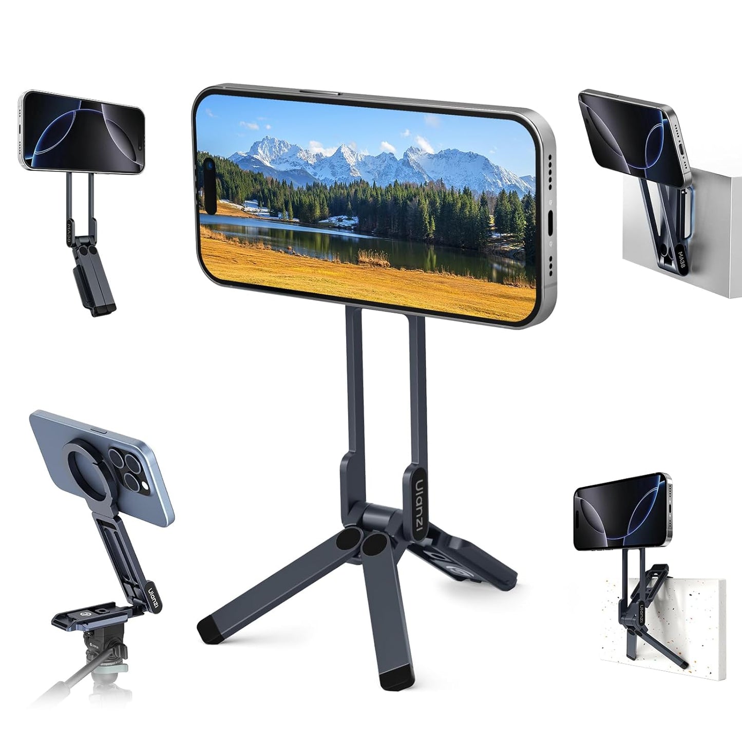ULANZI MA38 Magnetic Phone Tripod for iPhone, Portable Phone Holder Mini Tripod for Magsafe with Double-Sided 1/4'' Screw Arca Uka Port Foldable Hook for iPhone 17/16/15/14/13/12, Travel Vlog Black | N52 Magnet, Back Magnet Base