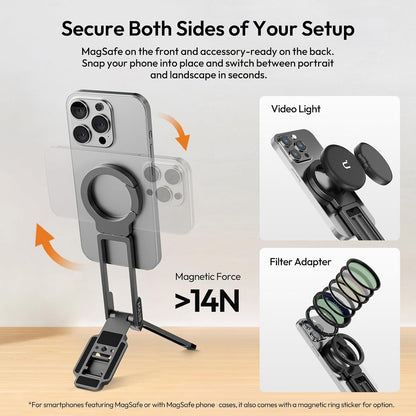 ULANZI MA38 Magnetic Phone Tripod for iPhone, Portable Phone Holder Mini Tripod for Magsafe with Double-Sided 1/4'' Screw Arca Uka Port Foldable Hook for iPhone 17/16/15/14/13/12, Travel Vlog Black | N52 Magnet, Back Magnet Base