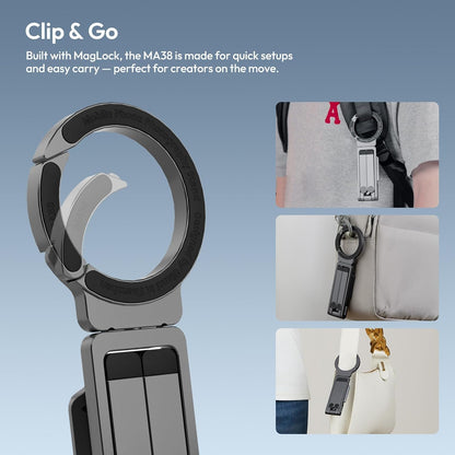 ULANZI MA38 Magnetic Phone Tripod for iPhone, Portable Phone Holder Mini Tripod for Magsafe with Double-Sided 1/4'' Screw Arca Uka Port Foldable Hook for iPhone 17/16/15/14/13/12, Travel Vlog Black | N52 Magnet, Back Magnet Base