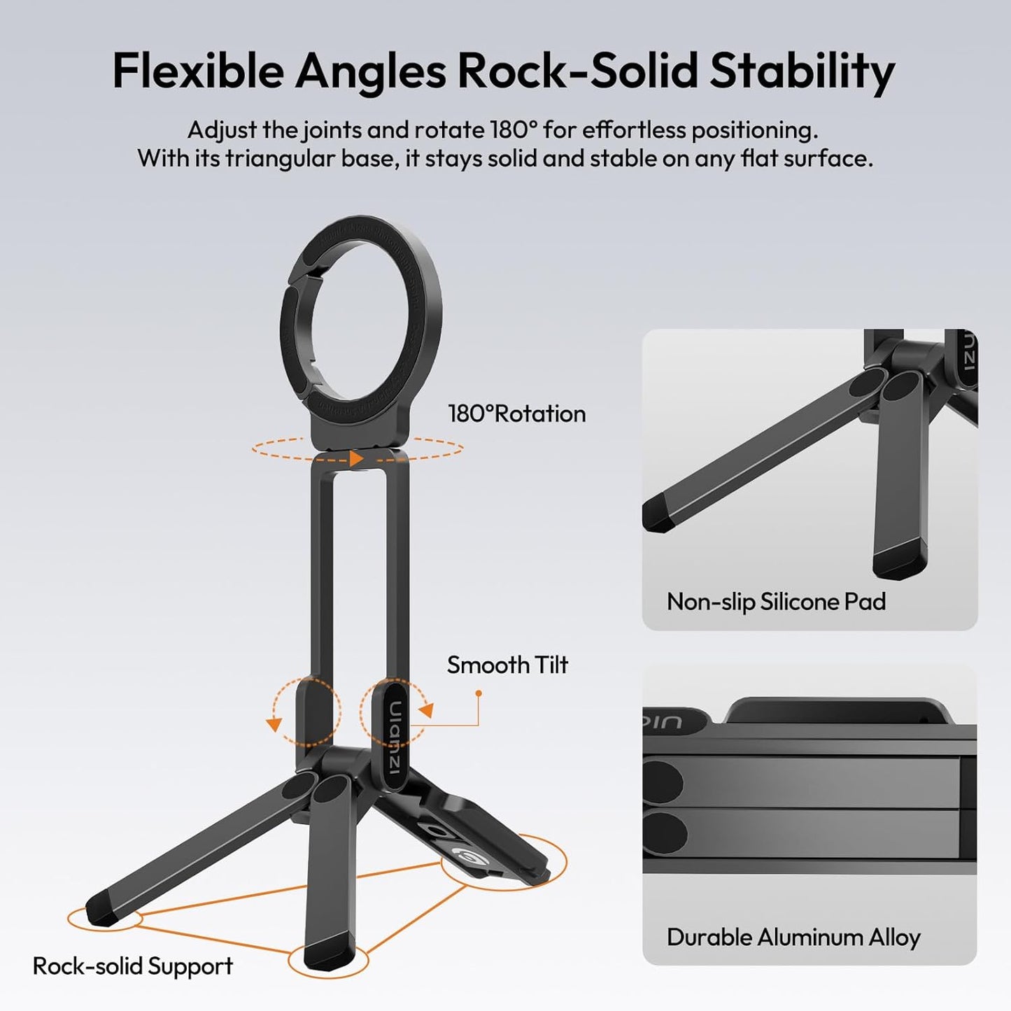 ULANZI MA38 Magnetic Phone Tripod for iPhone, Portable Phone Holder Mini Tripod for Magsafe with Double-Sided 1/4'' Screw Arca Uka Port Foldable Hook for iPhone 17/16/15/14/13/12, Travel Vlog Black | N52 Magnet, Back Magnet Base