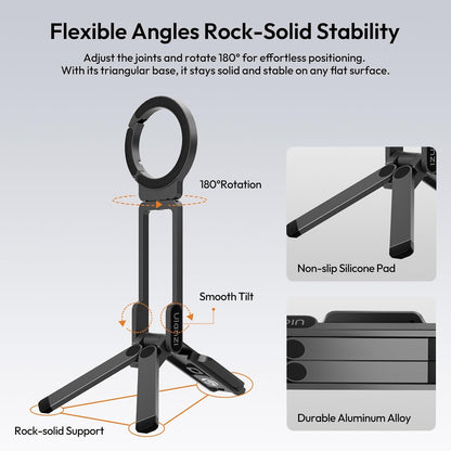ULANZI MA38 Magnetic Phone Tripod for iPhone, Portable Phone Holder Mini Tripod for Magsafe with Double-Sided 1/4'' Screw Arca Uka Port Foldable Hook for iPhone 17/16/15/14/13/12, Travel Vlog Black | N52 Magnet, Back Magnet Base