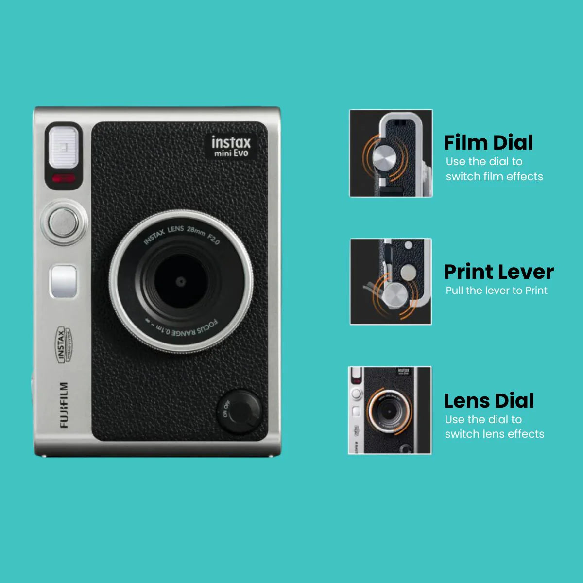 Fujifilm Instax Mini Evo Hybrid Camera Premium Edition with 20 Shots of Stone Gray Film and 100 Different Expressions-(Black)