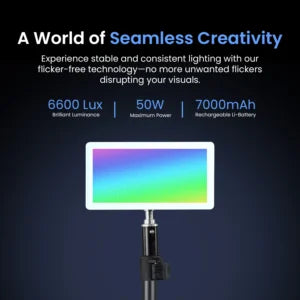 Hiffin Panel Light 50 Watt RGB Video Light, 2500K-9000K, CRI 95+, 7000mAh, 24 FX, 6600lux