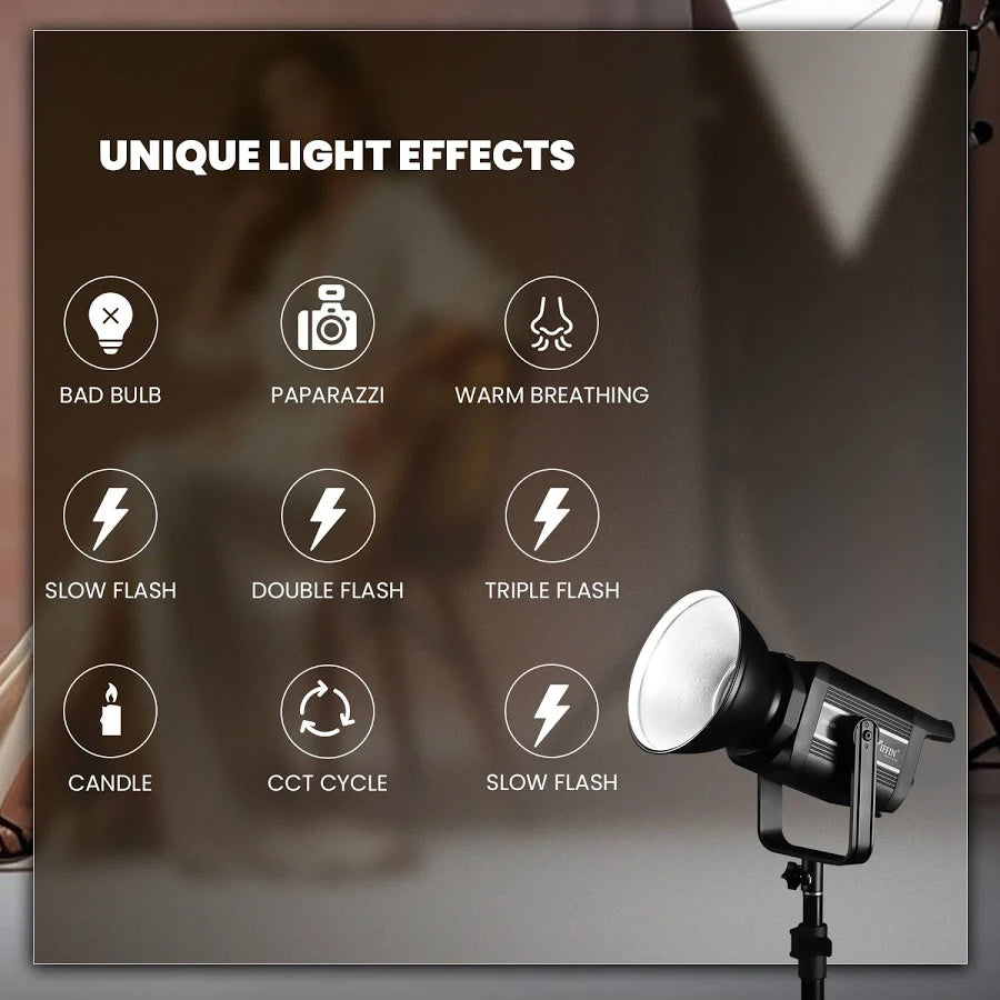 HIFFIN (COB-250P) 250W Bi-Color Continuous LED Video Light with 9 FX Modes, 2800K–6800K Adjustable, 10–100% Brightness Control, Remote Operated Studio Lighting for Photography & Videography