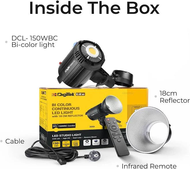 DIGITEK Lite (DCL-150WBC Combo) 150W Bi Color Continuous LED Light with 18CM Reflector & Infrared Remote, AC Power - 3000K-6500K Color Temperature Control, 95 CRI, 13500 Lumen, Ideal for Shooting