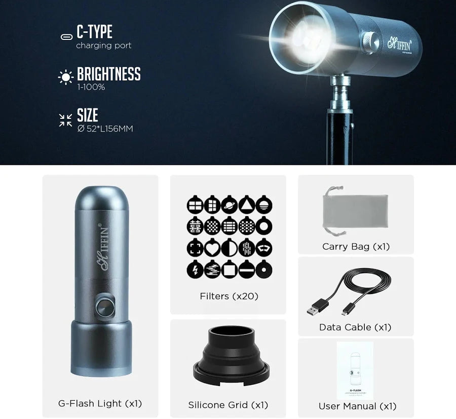HIFFIN G-Flash RGB Photography Flashlight Portable Video Light LED Spotlight 7500mAh Battery 1–100% Dimming 4 Color Modes 20 GOBO Filters USB-C for Recording Studio Lighting, YouTube, Reels, Vlogging