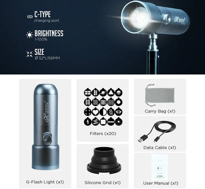 HIFFIN G-Flash RGB Photography Flashlight Portable Video Light LED Spotlight 7500mAh Battery 1–100% Dimming 4 Color Modes 20 GOBO Filters USB-C for Recording Studio Lighting, YouTube, Reels, Vlogging