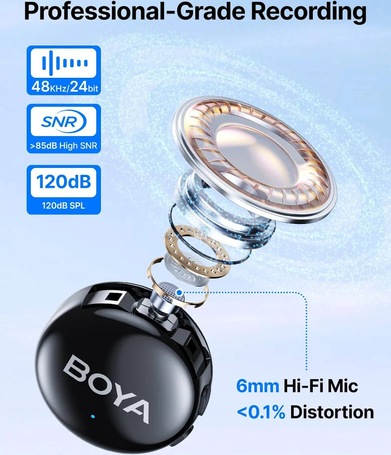 BOYALINK 3 Wireless Lavalier Microphone for Android/Camera/PC,AI Noise Reduction,48kHz/24Bit Studio Sound,984ft 30h Battery with Charging Case, APP Control Mic for Vlogging Interview(No Charging Case)