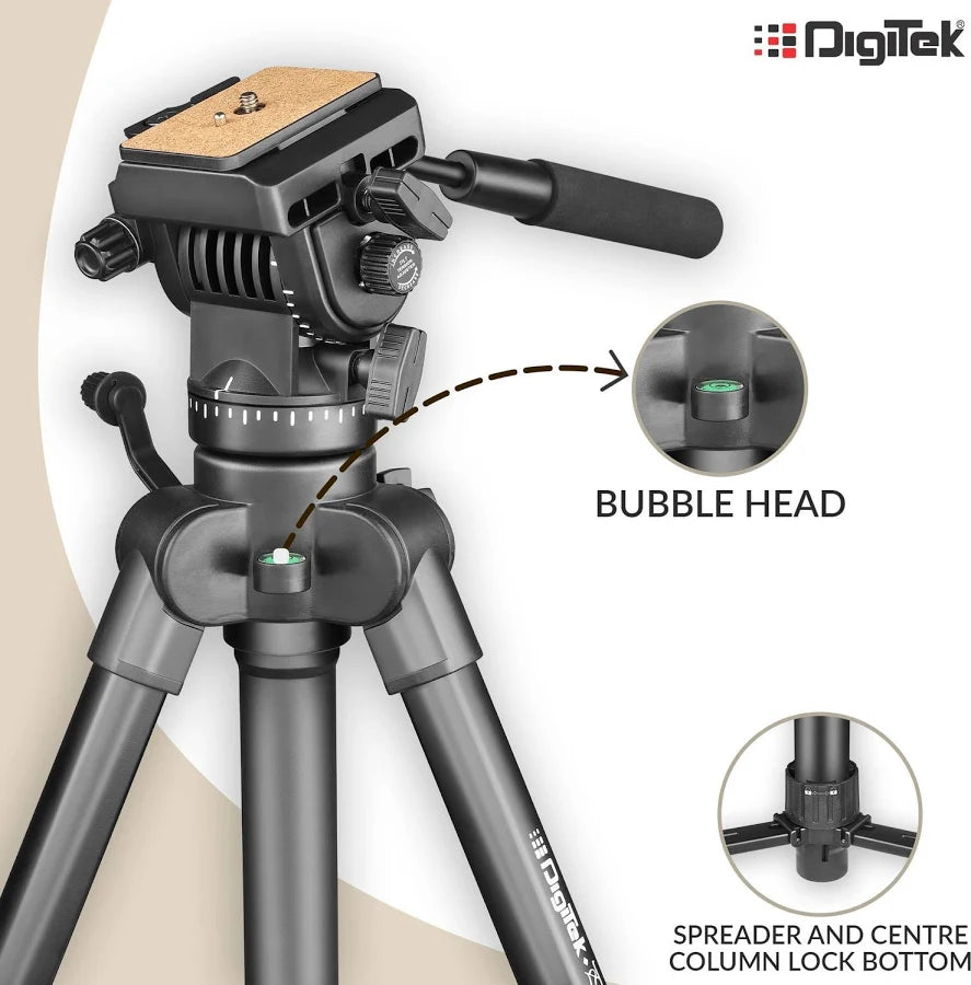Digitek (DPTR 880 PRO) (165 cm) Platinum Aluminum Light Weight Tripod, with Fluid Video Head, for DSLR & Video Cameras, Maximum Operating Height: 5.90 Feet, Maximum Load : 6 kgs (Black)