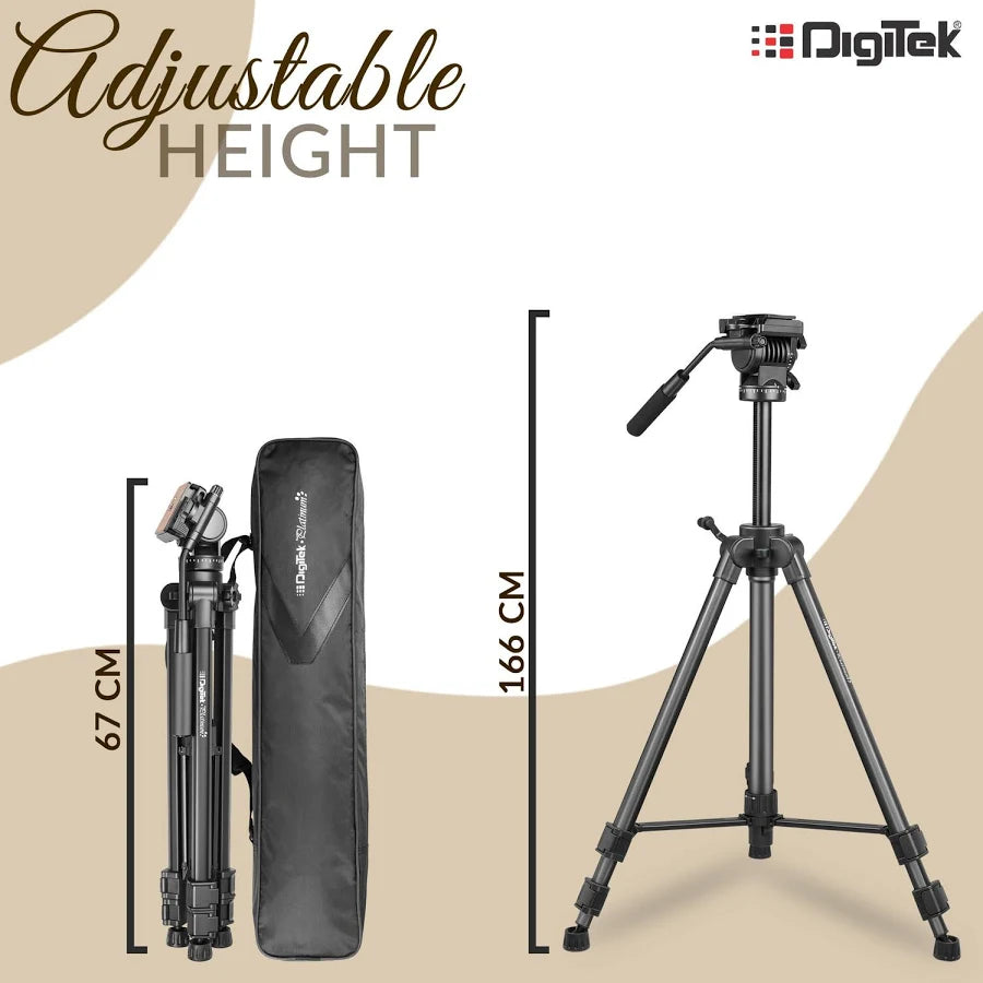 Digitek (DPTR 880 PRO) (165 cm) Platinum Aluminum Light Weight Tripod, with Fluid Video Head, for DSLR & Video Cameras, Maximum Operating Height: 5.90 Feet, Maximum Load : 6 kgs (Black)