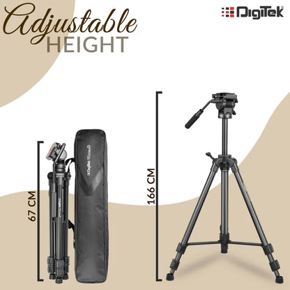 Digitek (DPTR 880 PRO) (165 cm) Platinum Aluminum Light Weight Tripod, with Fluid Video Head, for DSLR & Video Cameras, Maximum Operating Height: 5.90 Feet, Maximum Load : 6 kgs (Black)