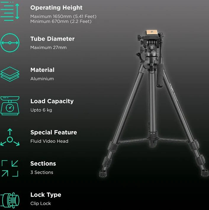 Digitek (DPTR 880 PRO) (165 cm) Platinum Aluminum Light Weight Tripod, with Fluid Video Head, for DSLR & Video Cameras, Maximum Operating Height: 5.90 Feet, Maximum Load : 6 kgs (Black)