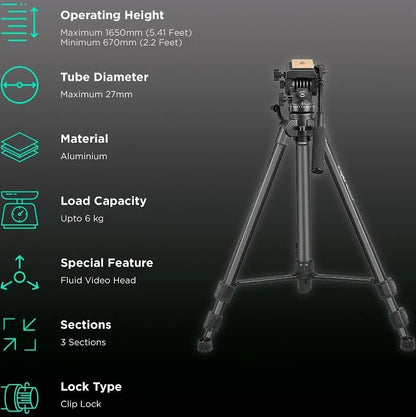 Digitek (DPTR 880 PRO) (165 cm) Platinum Aluminum Light Weight Tripod, with Fluid Video Head, for DSLR & Video Cameras, Maximum Operating Height: 5.90 Feet, Maximum Load : 6 kgs (Black)