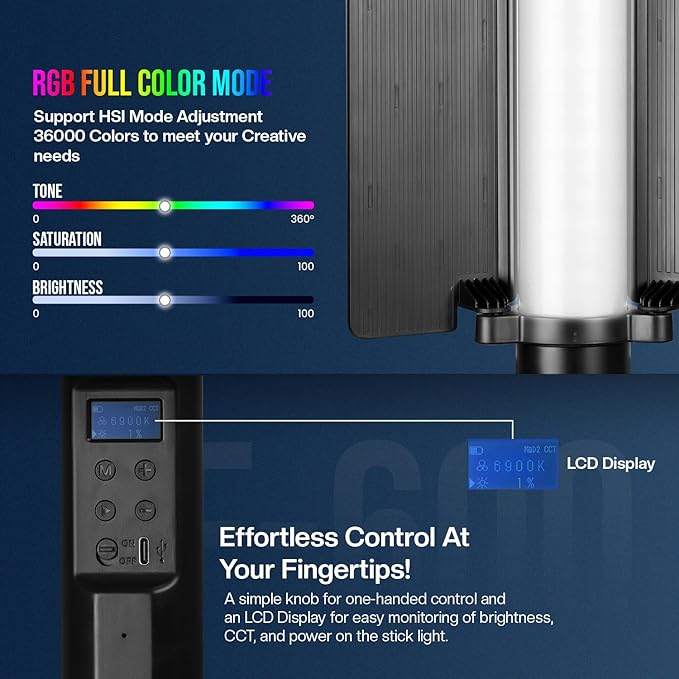 HIFFIN HF-600 RGB LED Light Stick for Photography, Photography Light with RGB CCT HSI Mode, 2500K-9900K Adjustable, 25 Fx Light Effect, Power 25W, Barndoor, 5200mah Battery for YouTube, Photoshoot - Image 2
