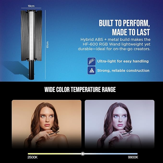 HIFFIN HF-600 RGB LED Light Stick for Photography, Photography Light with RGB CCT HSI Mode, 2500K-9900K Adjustable, 25 Fx Light Effect, Power 25W, Barndoor, 5200mah Battery for YouTube, Photoshoot - Image 7