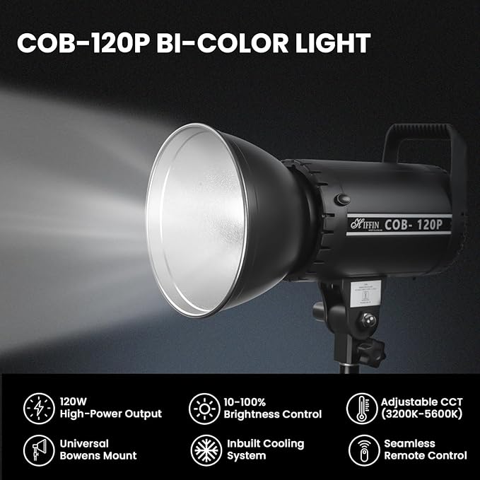 HIFFIN COB-120P Professional 120W LED Video Light for Studio Film Recording, 3200K-5600K Dimmable with Remote Control, Widely Used for Photography and Videography - Image 4