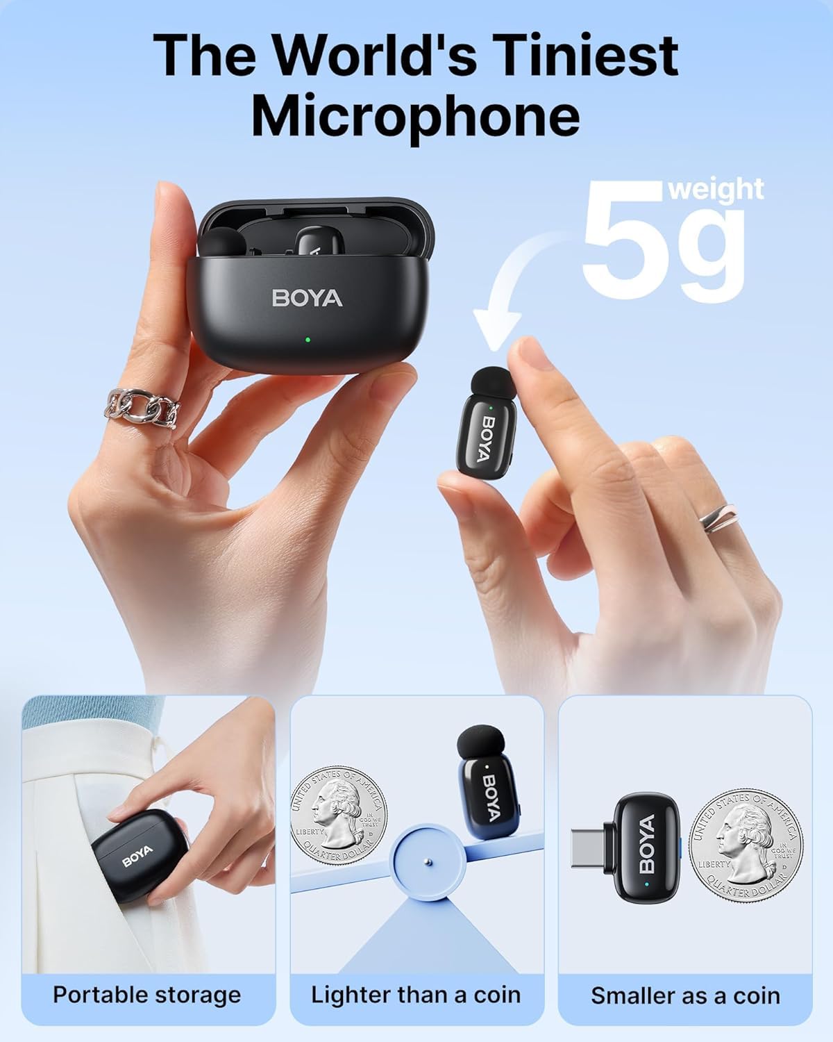 BOYA Mini Wireless Microphone for Phone with USB C Plug, Clip On Lavalier Mic for iPhone, Android & PC Noise Reduction, AI Voice Changer, 30H Battery & Charging Case. - Image 2