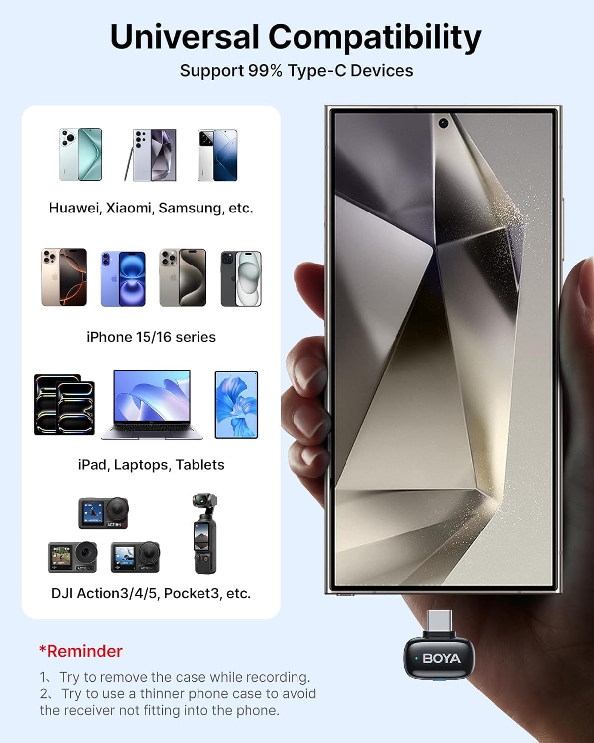 BOYA Mini Wireless Microphone for Phone with USB C Plug, Clip On Lavalier Mic for iPhone, Android & PC Noise Reduction, AI Voice Changer, 30H Battery & Charging Case. - Image 6